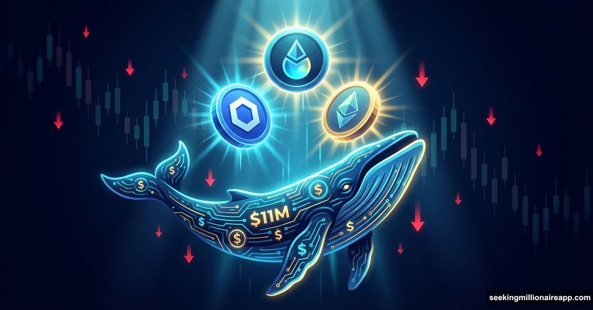 Giant crypto whale swimming upward toward three glowing cryptocurrency tokens