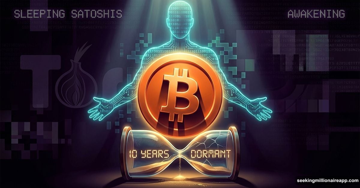 Bitcoin coin with ghost figure emerging, symbolizing dormant cryptocurrency reawakening