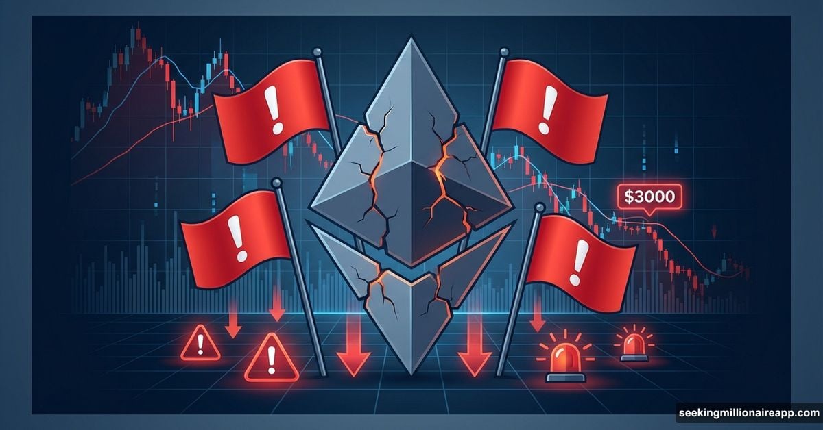Ethereum logo cracked and surrounded by four red warning flags
