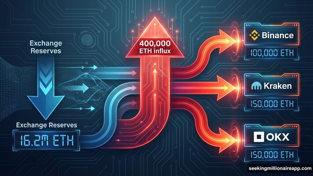 Exchange reserves jumped from 16.2 million to 16.6 million ETH
