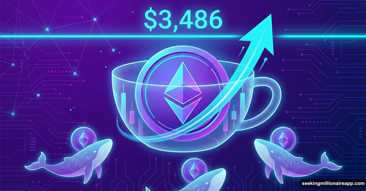 Ethereum coin breaking upward through cup and handle pattern with whales