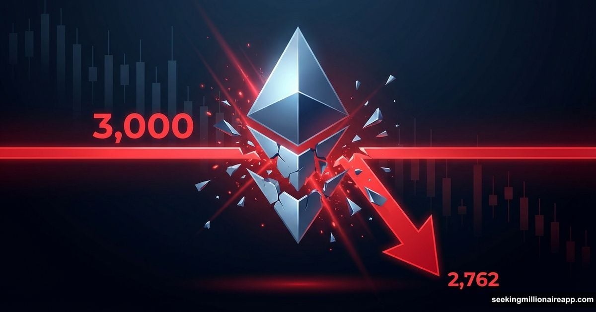 Ethereum logo cracking while crashing below $3,000 price level