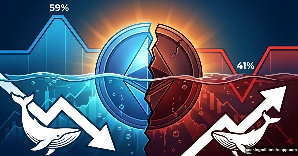 Ethereum coin split in half, partially underwater, showing holder division