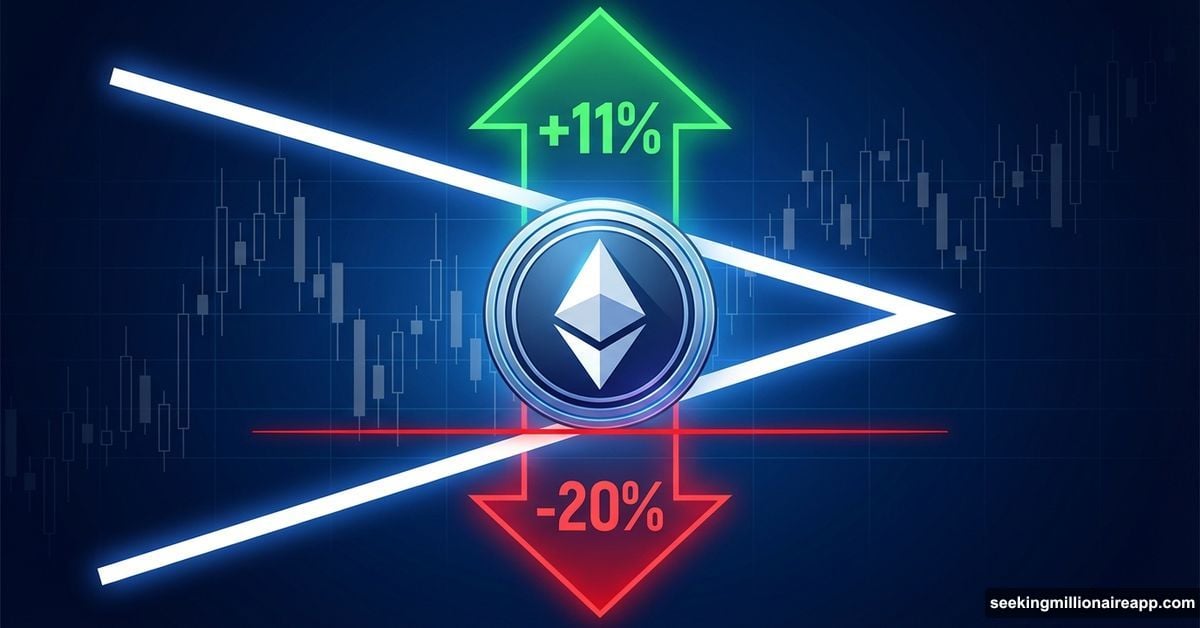 Ethereum logo at triangle breaking point with diverging directional arrows