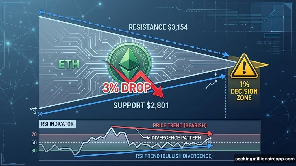 Ethereum trapped inside narrowing triangle pattern approaching decision point