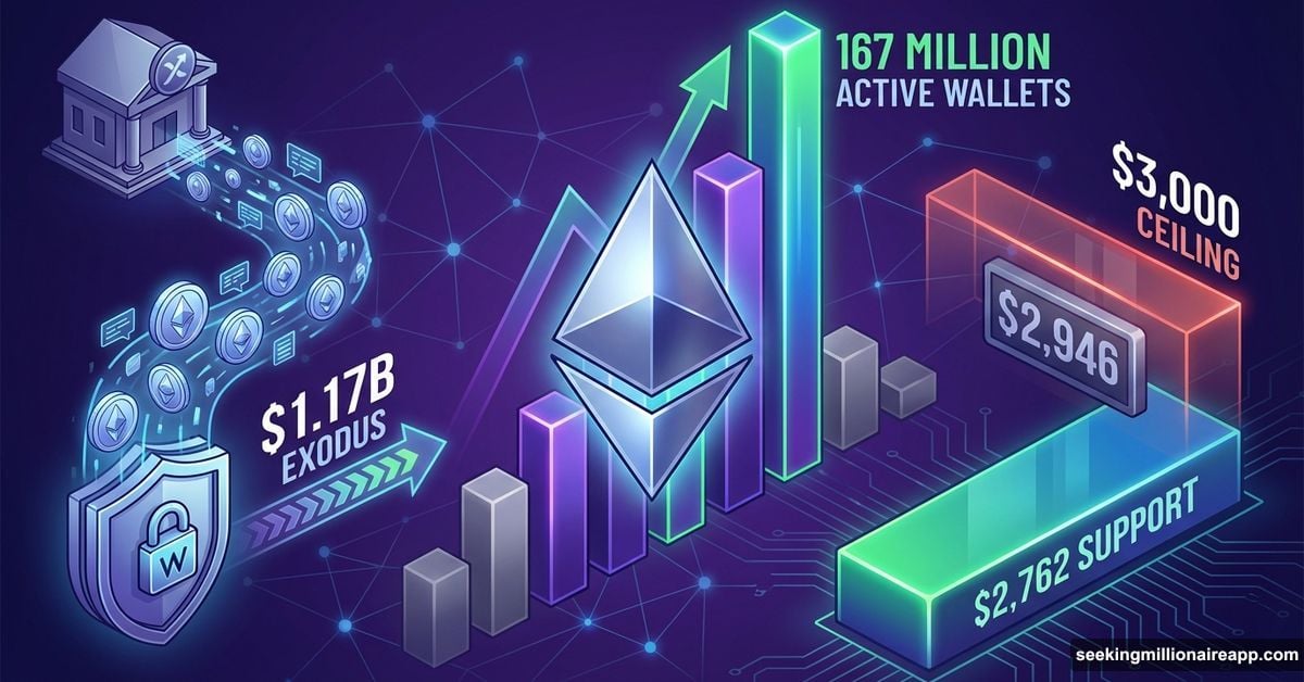 Ethereum logo with strong network metrics contrasting stagnant price action