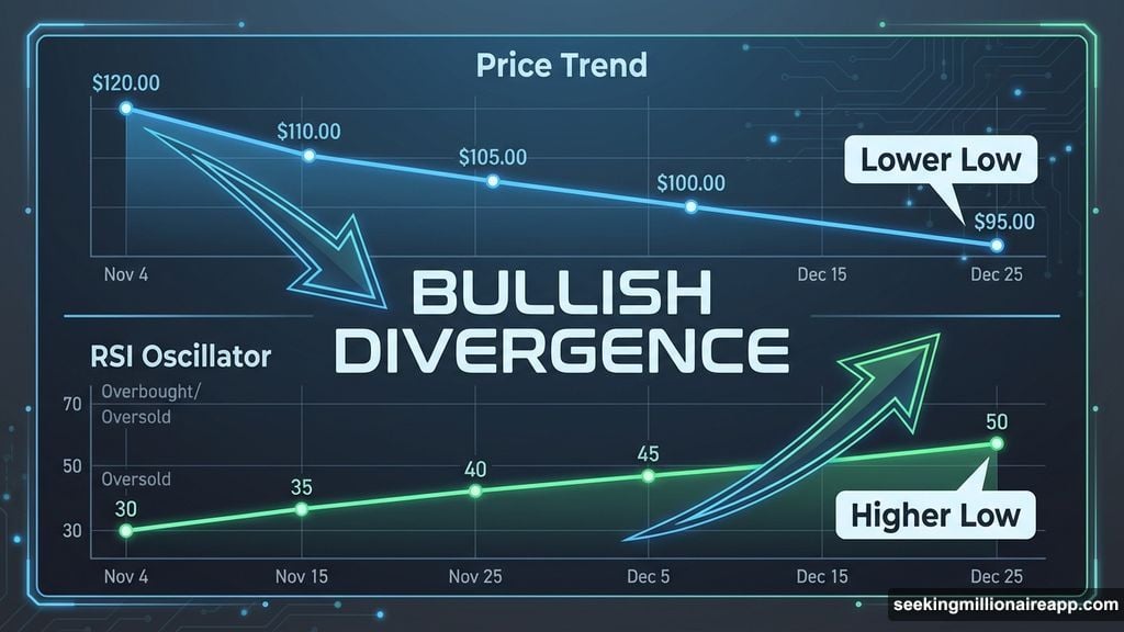 RSI bullish divergence signals weakening selling pressure before trend reversal