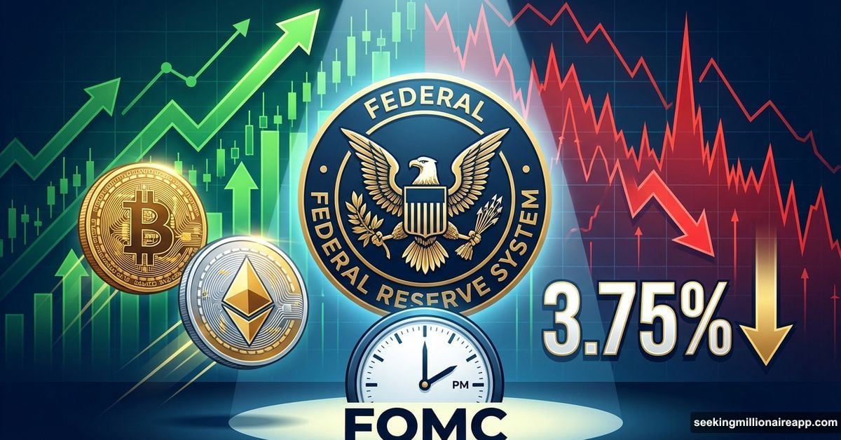 Federal Reserve seal with Bitcoin Ethereum coins and interest rate decision impact
