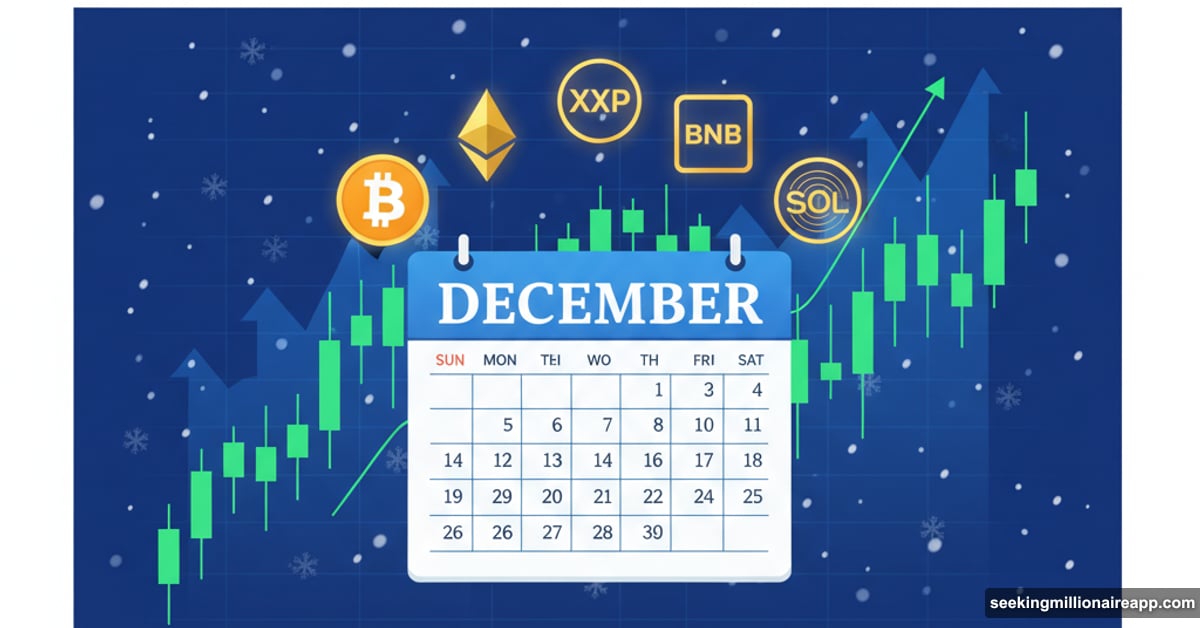 December calendar with five cryptocurrency logos and upward price chart
