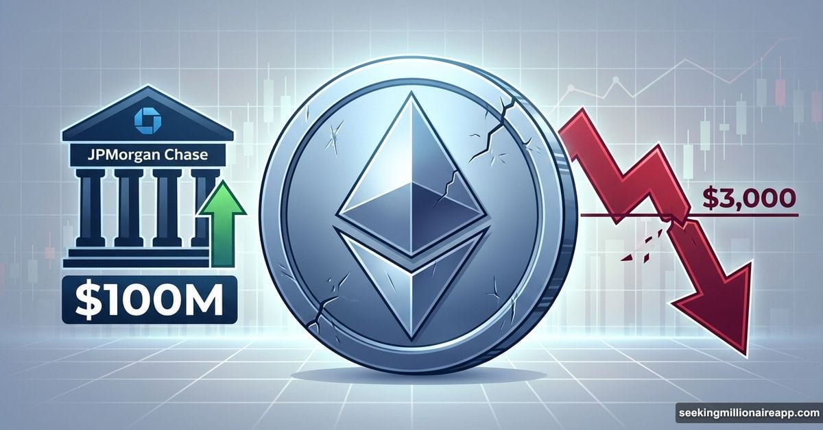 Ethereum coin between JPMorgan investment and falling price chart