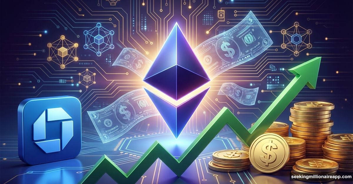 Ethereum logo with JPMorgan branding and digital money transformation