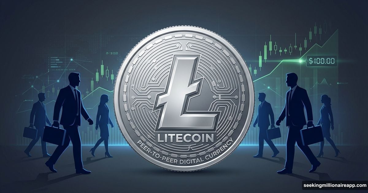 Large Litecoin coin with institutional investors silhouettes approaching from behind