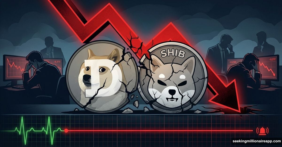 Cracked meme coin symbols with flatline monitor showing market death