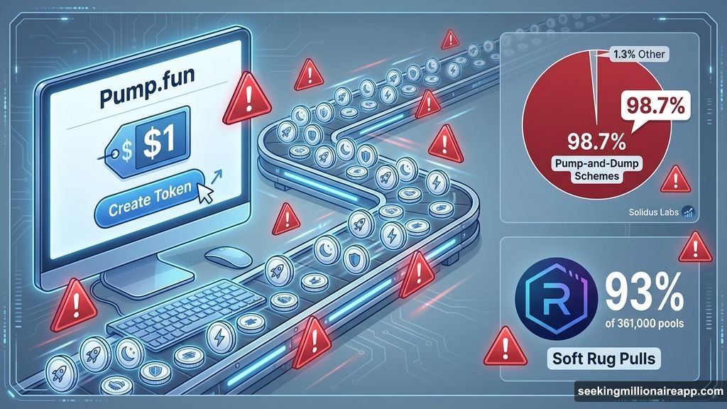 Pump.fun tokens showed ninety-eight point seven percent pump-and-dump schemes
