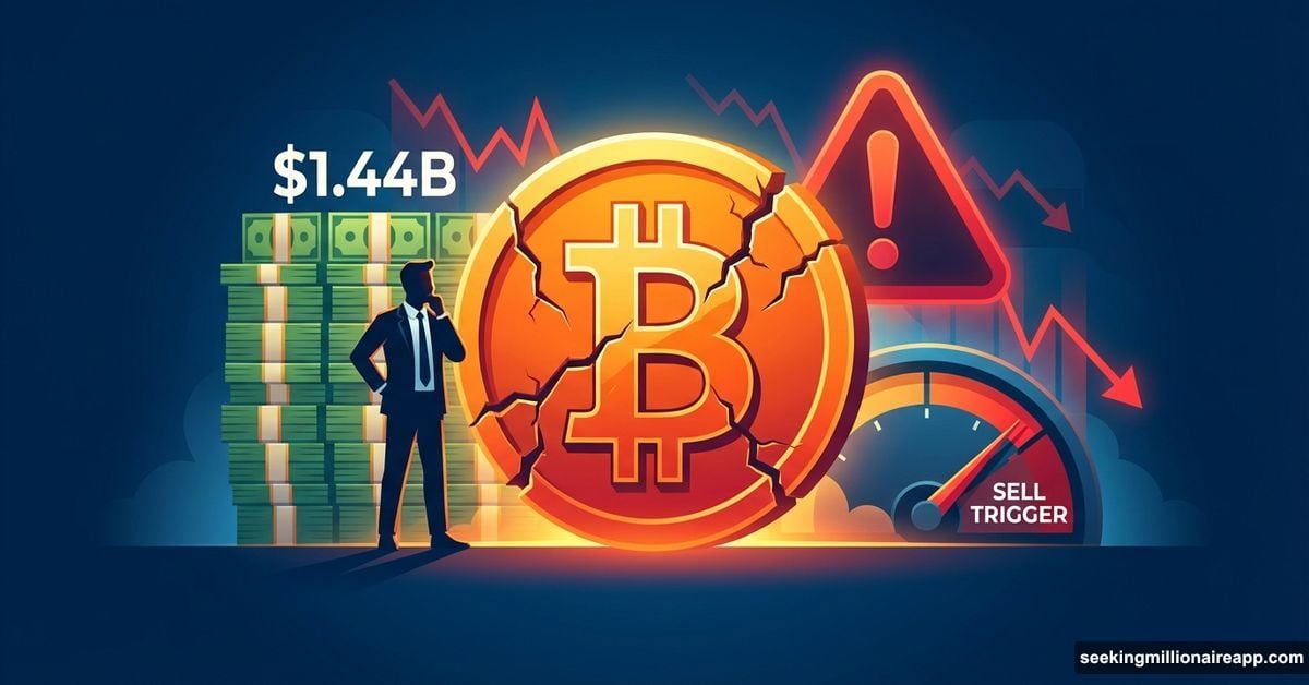 Cracking Bitcoin coin behind cash wall with sell trigger warning gauge