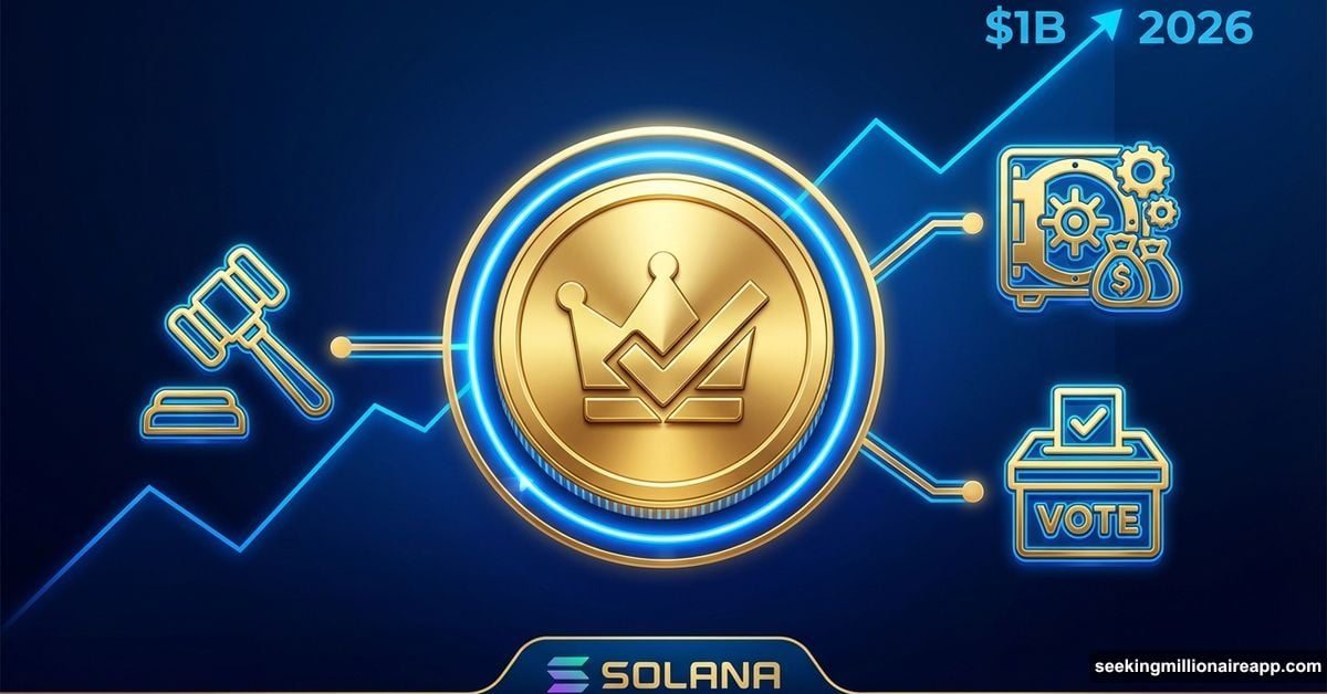 Golden ownership coin with crown merging legal, economic, and governance rights