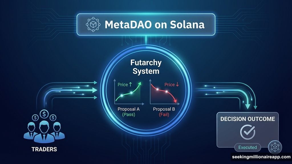 MetaDAO uses futarchy governance based on prediction markets on Solana