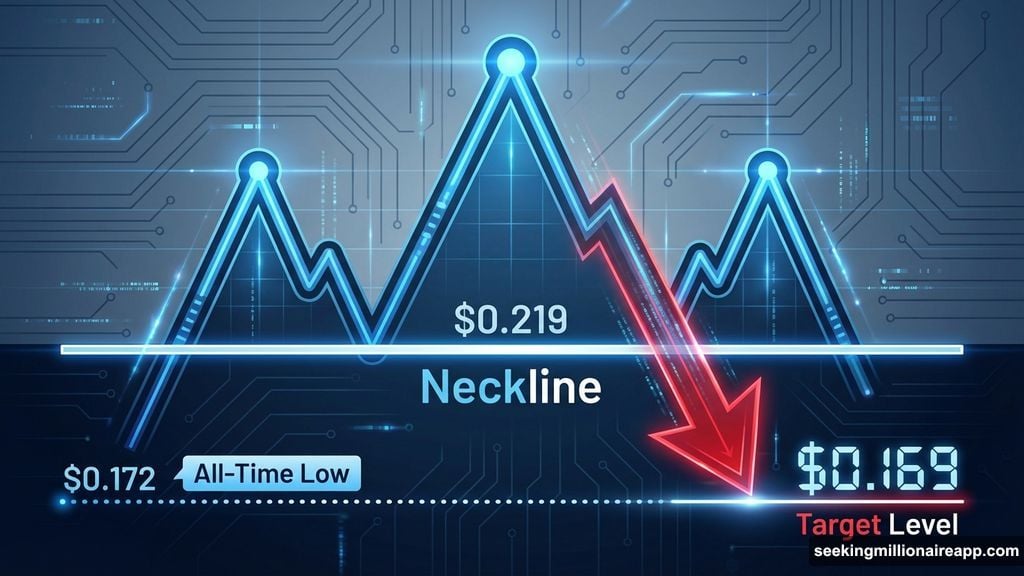 Head and shoulders pattern breakdown below neckline support at $0.219
