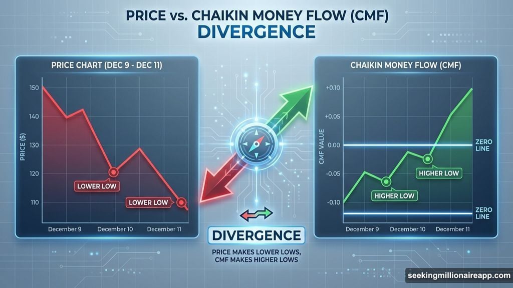 Chaikin Money Flow divergence shows institutional buying during price drops