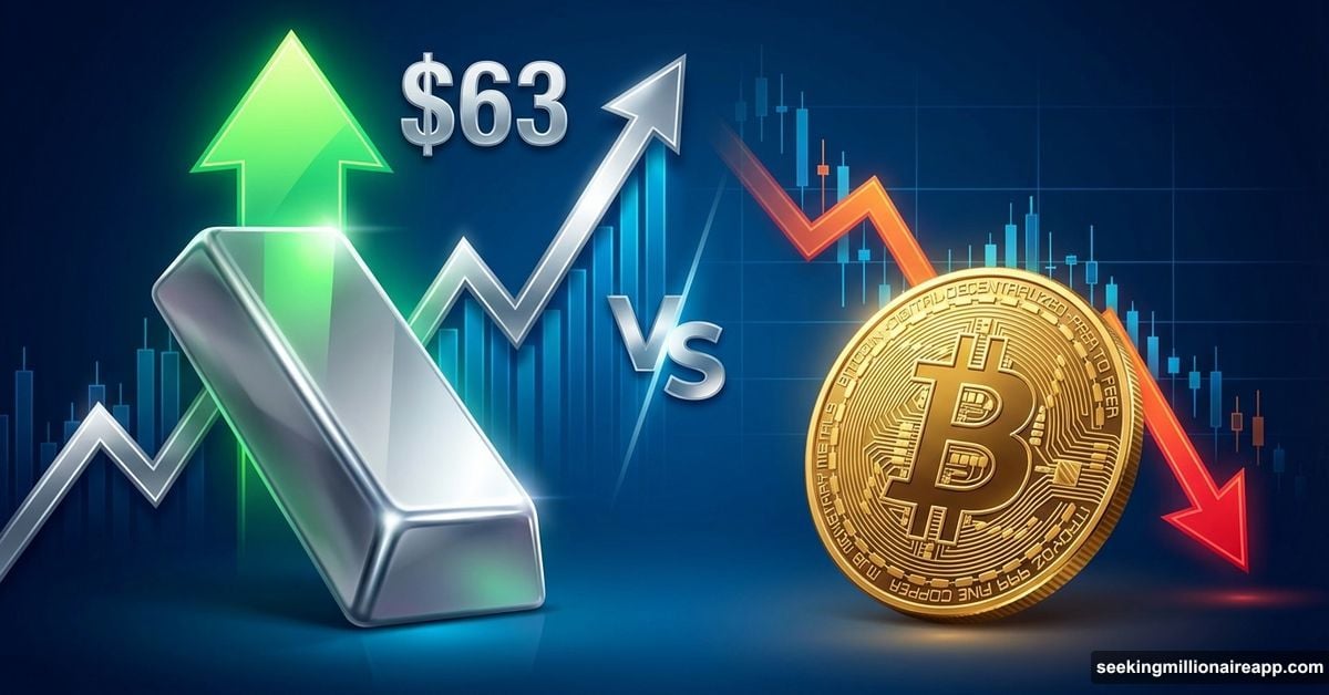 Silver bar rising with upward arrow crushing Bitcoin coin with downward trend