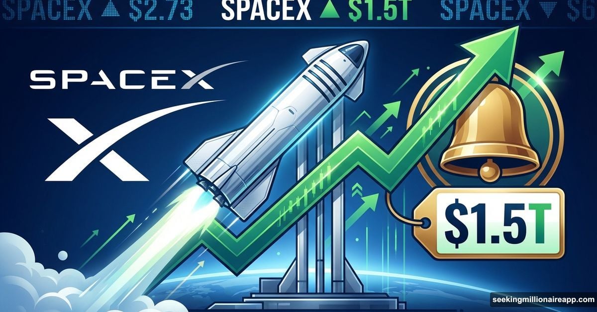 SpaceX rocket transforming into stock market arrow symbolizing IPO announcement