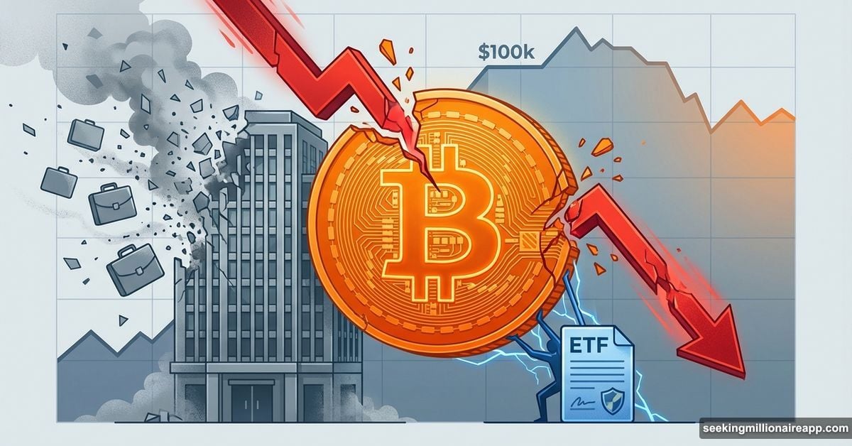 Bitcoin coin with downward arrow as corporate buildings disappear