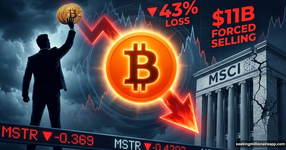 Bitcoin symbol with falling arrow, defiant businessman versus crumbling institutions