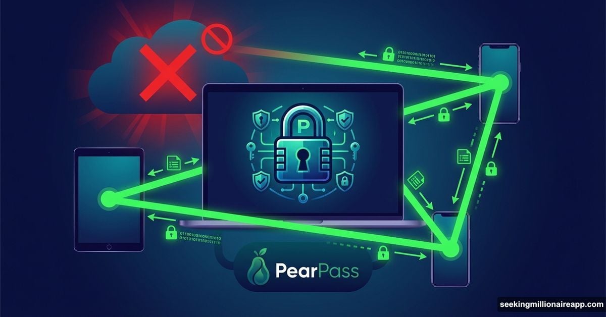 PearPass peer-to-peer password manager syncing locally between devices, cloud crossed out