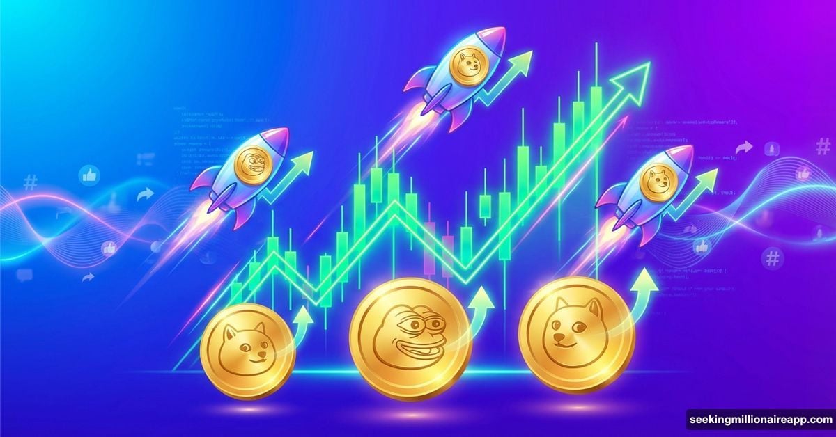 Three meme coins with upward momentum rockets on rising price chart