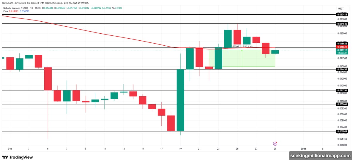 NOBODY token price action shows resistance at 50-day exponential moving average