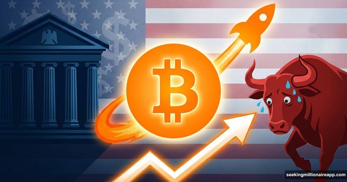 Bitcoin rocket rising between Federal Reserve building and nervous Wall Street bull
