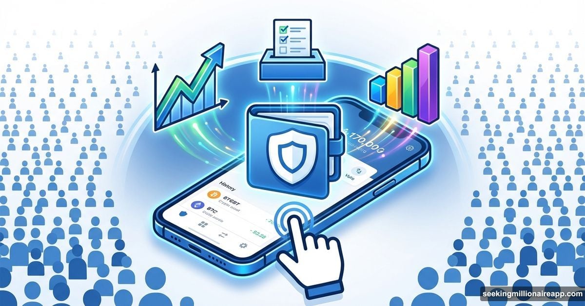 Trust Wallet smartphone showing integrated prediction markets with user icons