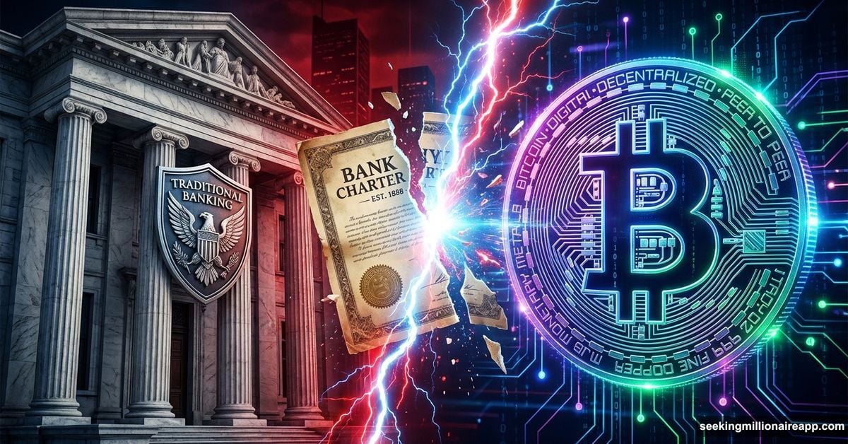 Traditional bank building clashing with cryptocurrency symbols over banking charters