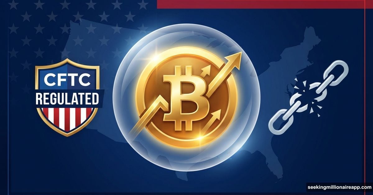 Bitcoin with CFTC shield and breaking chains representing regulated leverage trading