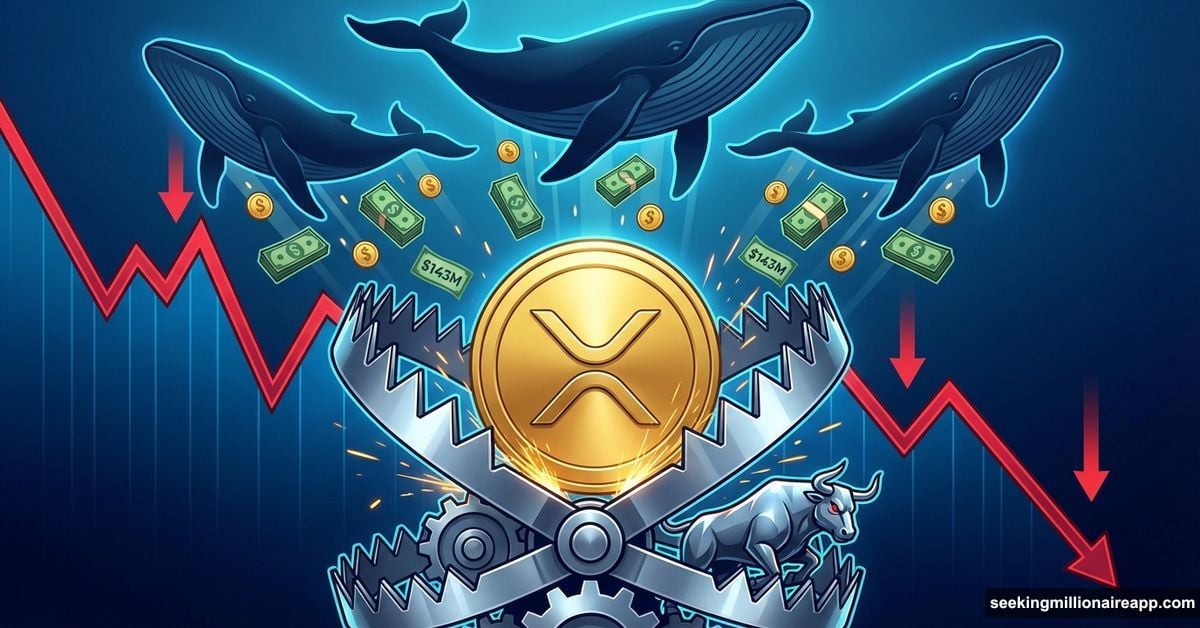 XRP coin trapped while whale silhouettes dump millions above