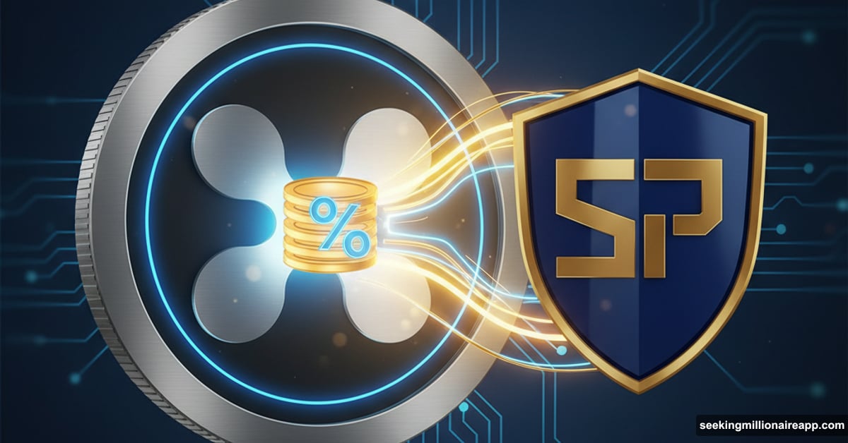 XRP coin with staking symbol connected to security shield via energy streams