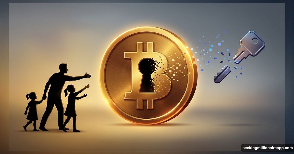 Bitcoin with keyhole and broken key, unreachable by family silhouettes