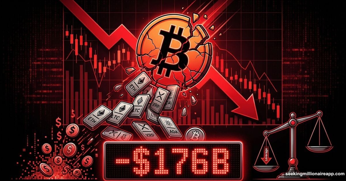 Bitcoin crashing downward surrounded by falling cryptocurrency tokens and red charts