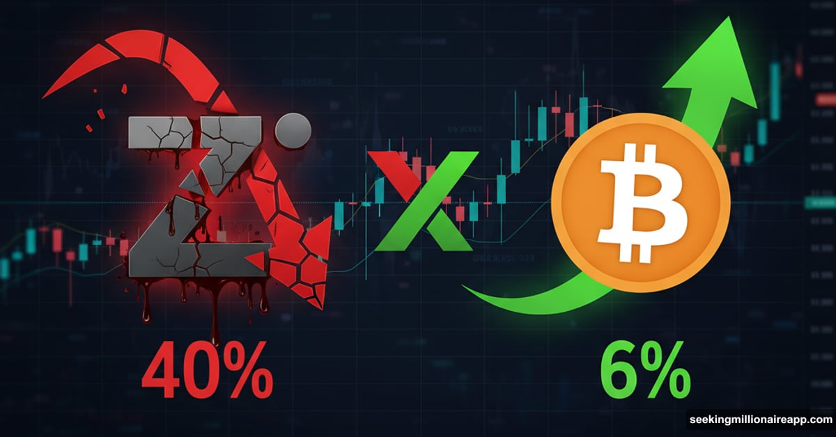 Zcash plummeting 40% downward while Bitcoin rallies upward with opposing arrows