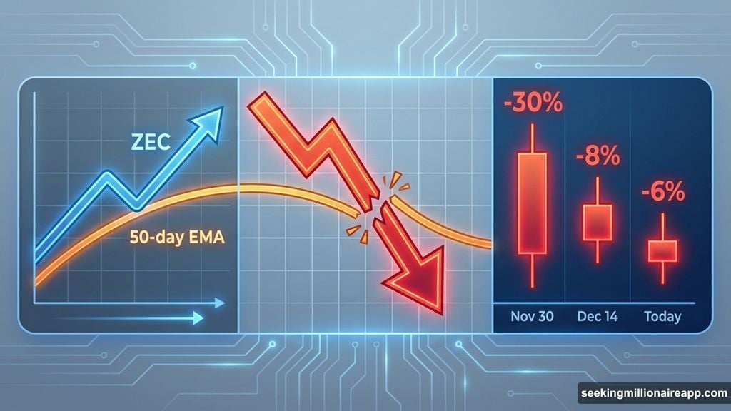 Zcash breaking 50-day EMA support triggering repeated price crashes