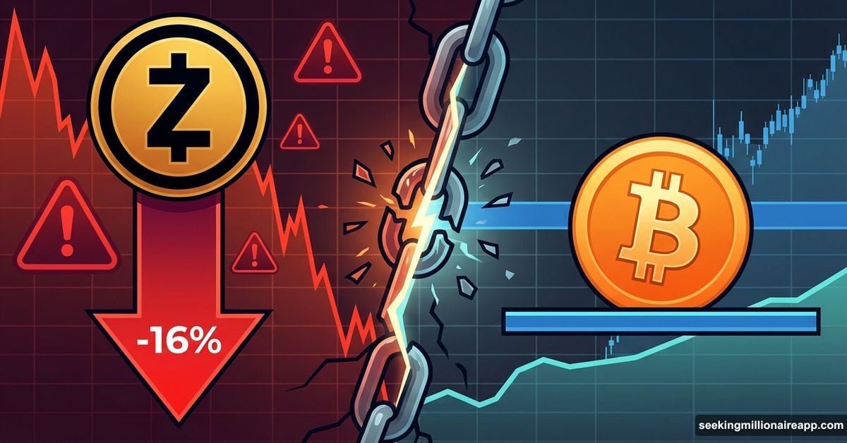 Zcash crashing down while Bitcoin remains steady, split correlation breakdown