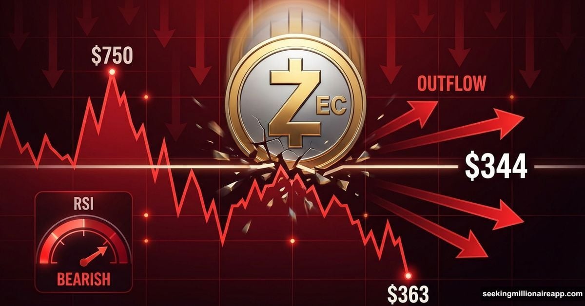 Zcash cryptocurrency coin falling through support level on price chart