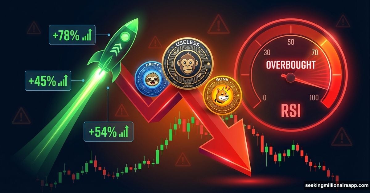 Three meme coins on downward arrow with overbought warning signals
