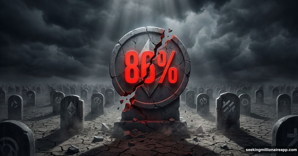 Cryptocurrency graveyard with giant crumbling tombstone showing 86% token failure rate
