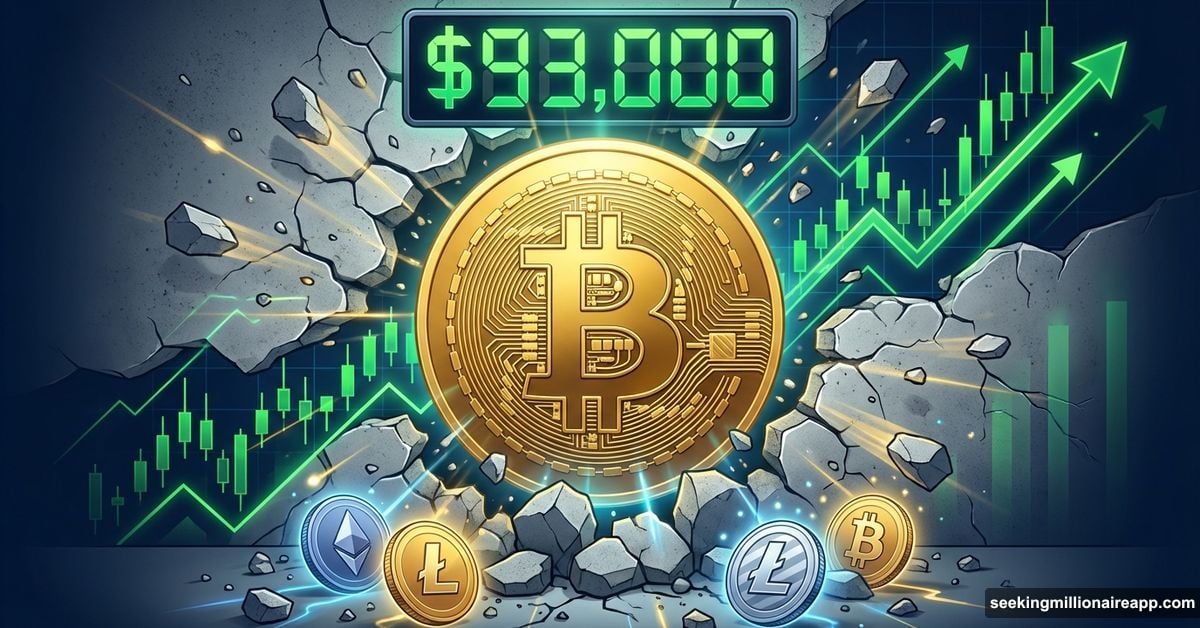 Bitcoin coin breaking through barrier wall with $93,000 price display