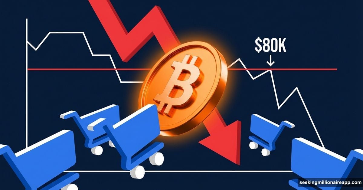 Bitcoin coin with downward arrow surrounded by rushing shopping carts