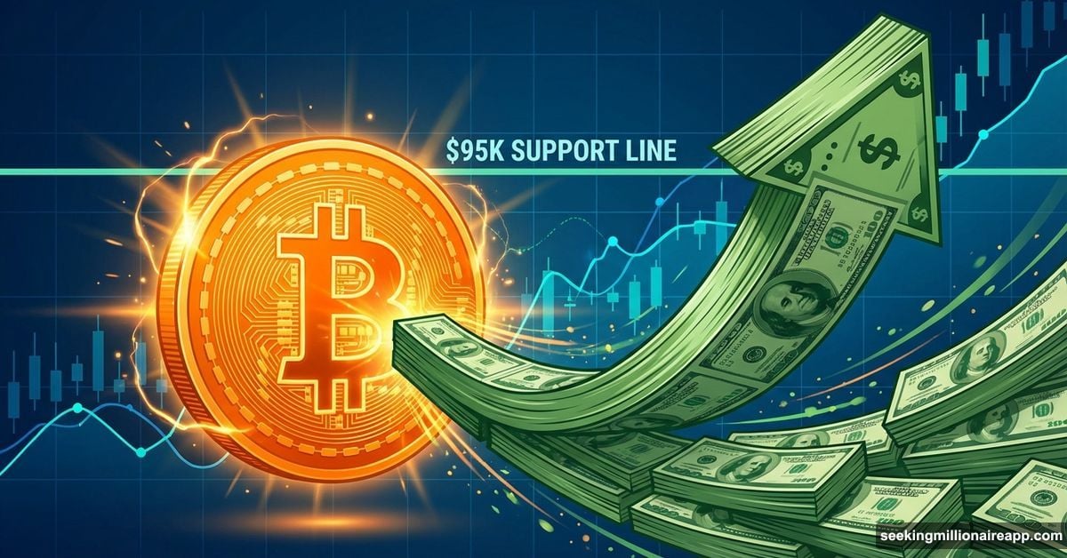 Bitcoin coin receiving massive green dollar arrow showing ETF inflows