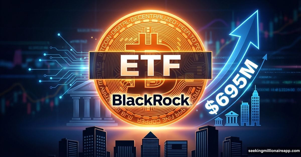 Bitcoin ETF coin with BlackRock branding and $695M upward arrow