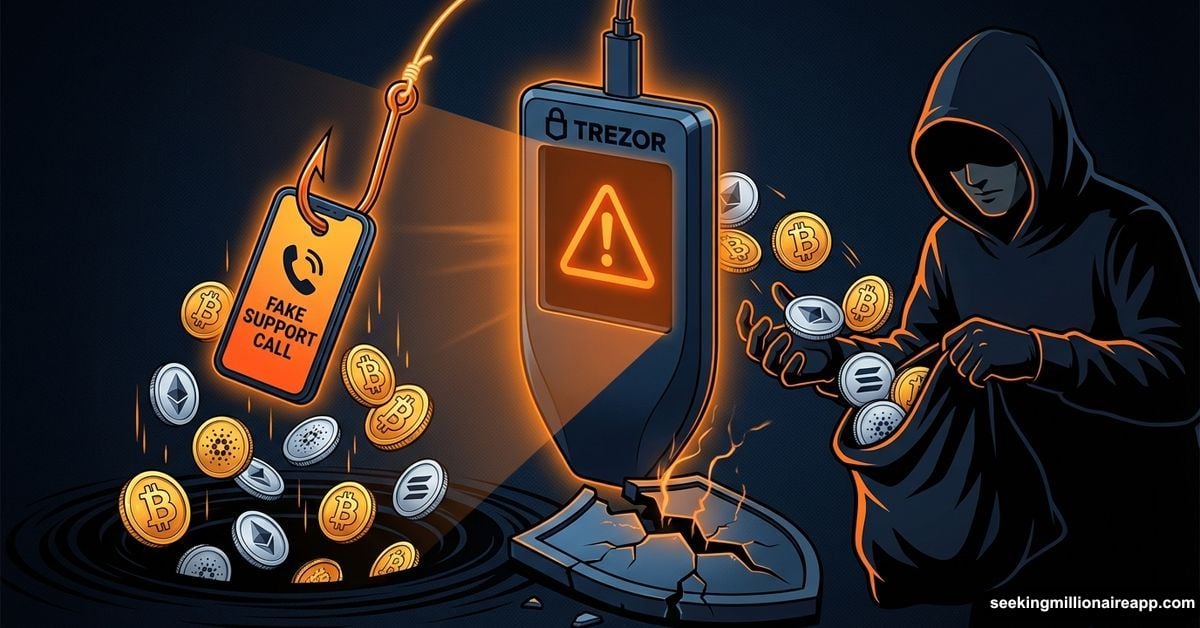 Trezor wallet with phishing hook catching Bitcoin into criminal hands