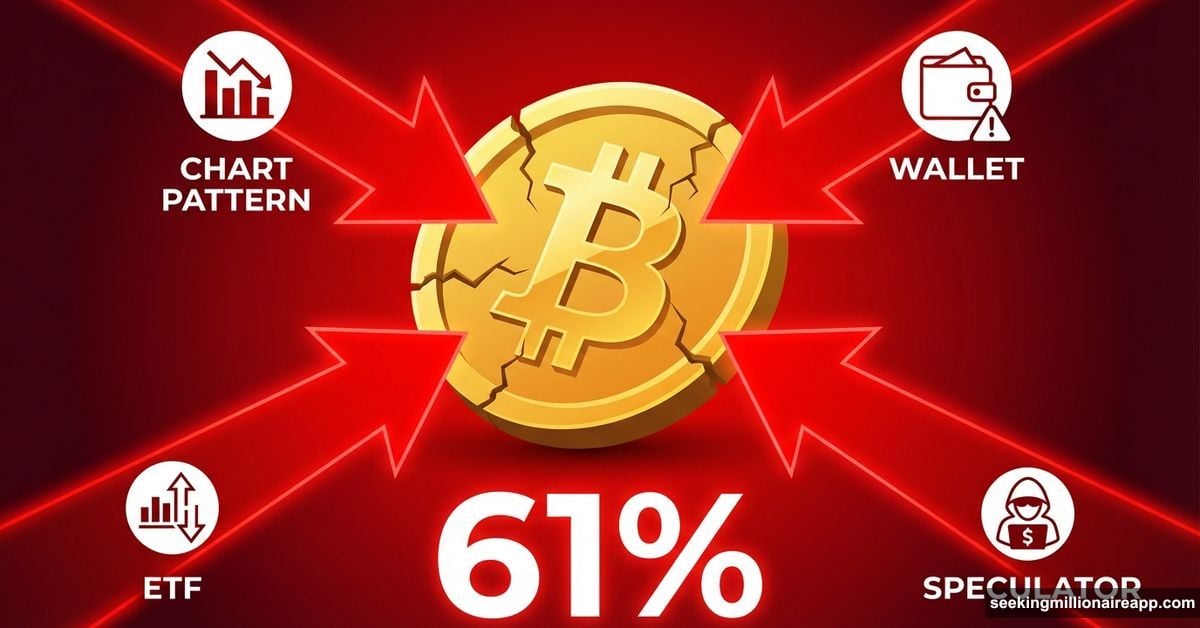 Bitcoin under pressure from four red arrows representing stacked risks